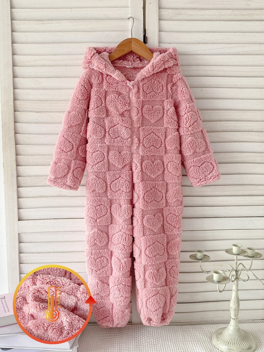 SHEIN 秋冬雙面保暖內裡加厚女童幼兒連身衣,可愛愛心與方格提花絨毛柔軟舒適休閒連帽拉鍊長袖長褲居家服,秋冬冬季款 - 粉色 - 查看 1