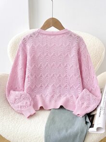 SHEIN 少女寬鬆休閒極簡舒適圓領長袖蝴蝶結波點開襟衫 秋冬返校季 - 粉色 - 查看 2