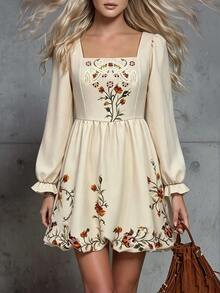 INAWLY Women's Floral Print Square Neck Long Sleeve Casual Short Dress - Apricot - View 1