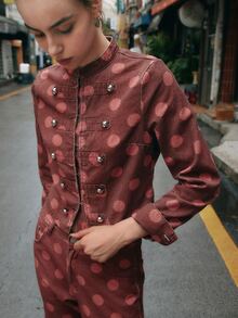 Nöista Pink Polka Dot Cropped Military Jacket. Fall Winter, Retro, Cute, Casual, Statement Piece. - Red - View 1