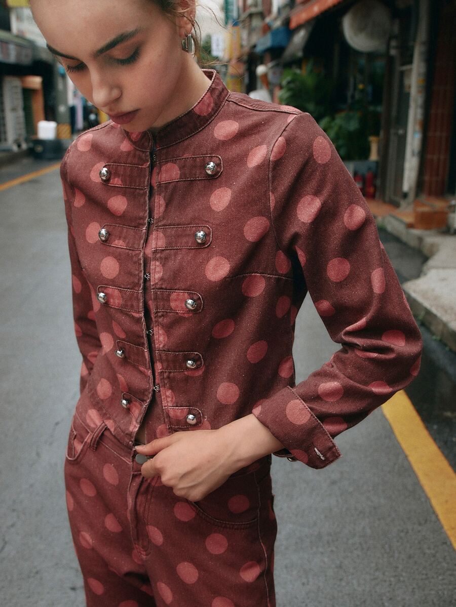 Nöista Pink Polka Dot Cropped Military Jacket. Fall Winter, Retro, Cute, Casual, Statement Piece. - Red - View 1