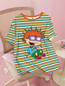 Nick 90s | SHEIN Kaos Kasual Lengan Pendek Leher Bulat Motif Kartun Garis-garis untuk Wanita Ukuran Besar - Putih - View 1