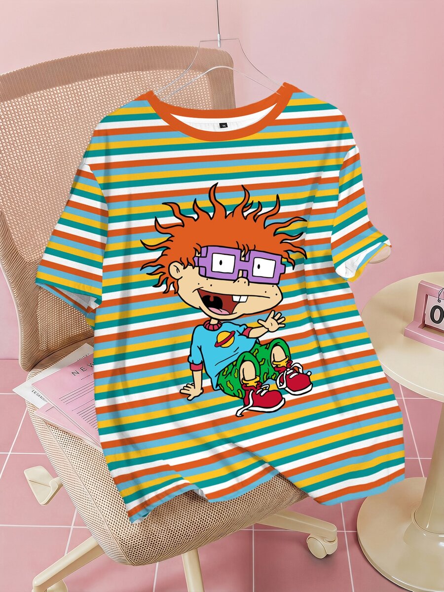Nick 90s | SHEIN Kaos Kasual Lengan Pendek Leher Bulat Motif Kartun Garis-garis untuk Wanita Ukuran Besar - Putih - View 1