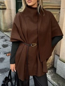 Aloruh Mantel Cokelat dengan Sabuk Kulit yang Mengencangkan Pinggang, Busana Musim Gugur/Dingin - Coffee Brown - View 1