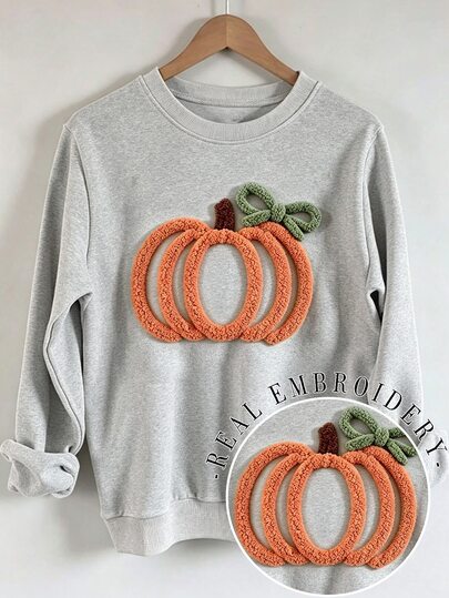 INAWLY Autumn Atmosphere Thanksgiving Bow Pumpkin Embroidery Drop Shoulder Casual Sweatshirt, Thanksgiving Embroidery Sports Shirt, Thanksgiving Chenille Yarn Sports Shirt, Christian Gift Customized Personalized Autumn Sweatshirt, Autumn Sweatshirt Fashion Gift, Pumpkin Spice Autumn Sweatshirt