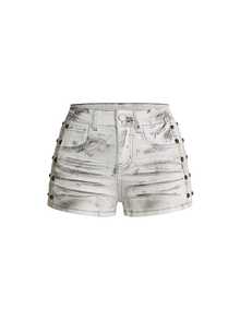 ROMWE Grunge Punk White Wing Embroidery Stud Detail Ultra Low Waist Distressed Wash Sexy Y2K Denim Shorts - White - View 1