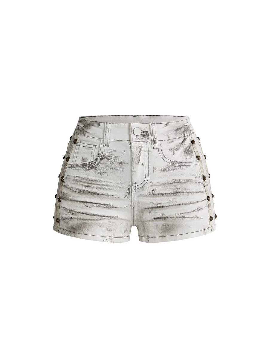 ROMWE Grunge Punk White Wing Embroidery Stud Detail Ultra Low Waist Distressed Wash Sexy Y2K Denim Shorts - White - View 1