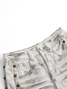 ROMWE Grunge Punk White Wing Embroidery Stud Detail Ultra Low Waist Distressed Wash Sexy Y2K Denim Shorts - White - View 3