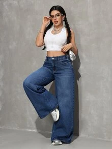 SHEIN Tall 女款休閒日常旅行牛仔褲，附口袋與鈕扣 - 中等水洗藍 - 查看 6