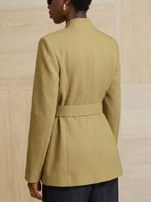 Aveloria Modichic 小立領粗花呢單排扣金屬鈕扣裝飾繫腰工裝風夾克 - 綠色 - 查看 2