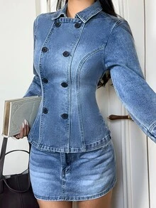 Rivivi Jaket Denim Kasual Serbaguna Wanita dengan Kancing Ganda untuk Penggunaan Sehari-hari - Biru - View 3