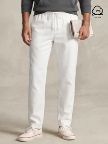 Lornavo Men's Cotton Solid Color Waist Tie Casual Versatile Long Pants Vacation All White Autumn - White - View 1