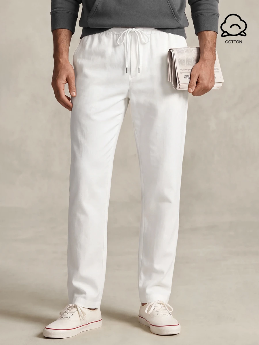 Lornavo Men's Cotton Solid Color Waist Tie Casual Versatile Long Pants Vacation All White Autumn - White - View 1