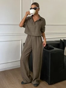 Livesso Women's Minimalist Versatile Long Sleeve Top And Pants 2 Pieces Set Fall - Olive Green - View 5