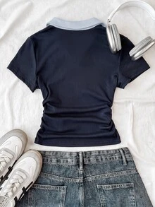 SHEIN 青少年女孩皇家藍白色領針織休閒拼色收腰修身T恤，附小Logo刺繡 - 藍色 - 查看 2