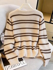 GlowEve CURVE Plus Size Women's Autumn/Winter Elegant Business Casual Beige Round Neck Cardigan With Ribbon And Buttons Office Party Formal Formal - Apricot - View 2
