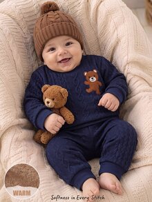 2pcs Baby Boy Comfortable Soft Thick Navy Blue Cable Knit Jacquard Fabric Ribbed Crew Neck Bear Graphic Applique Embroidery Ribbed Cuffs Pajama Set - Navy Blue - View 7