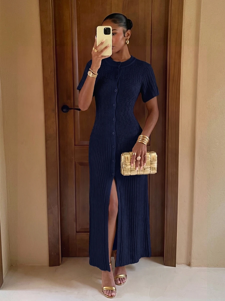 Lumalex Women's Round Neck Short Sleeve Single-Breasted Casual DarkBlue KnittedDress Suitable For Daily Outing Urban Commuting Business Gathering Holiday Wear