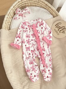 SHEIN Newborn Baby Boy Cute Knitted Casual Bowknot Pattern Romper & Headband Set - Pink - View 4