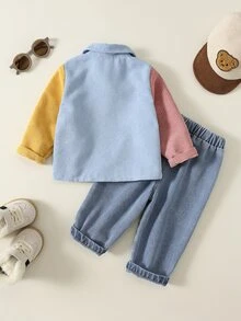 SHEIN 2件組男嬰秋冬彩色襯衫與牛仔褲套裝，襯衫套裝，嬰兒套裝，丹寧套裝，可愛套裝 - 彩色 - 查看 3