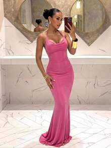 Slaydiva Women's Sexy Backless Halter Neck Dress - Hot Pink - View 3