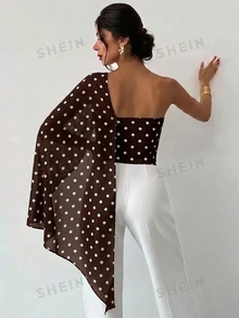 Firerie 女款夏季極簡優雅度假休閒日常時尚百搭白色不對稱領口對比網眼針織不對稱荷葉邊修身上衣 - 棕色 - 查看 2