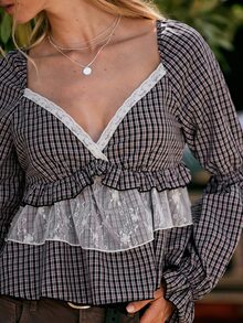 WESTFADE Women Gingham Long Sleeve Lace Top, Fall Winter 2026, Western Style, Cowgirl Clothing, Rodeo, Female Country Look, Autumn, Cute Tops, Festival - Multicolor - View 2