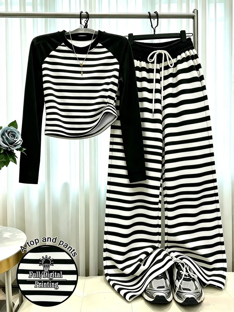 Lalippa Striped Print Raglan Sleeve Cropped Top And Wide Leg Pants 2 Pieces Set For Women - Multicolor - View 1
