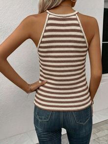 SHEIN LUNE Women's Knitted Textured Striped Pattern Halter Tank Top - Multicolor - View 2