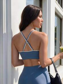 SHEIN Sports Camisole Olahraga Super Pendek Kasual Musim Panas Gaya Sopan Athleisure untuk Gym Warna Biru Dusty - MultiWarna - View 2