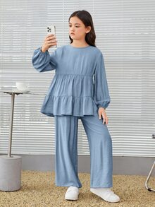 SHEIN 女童寬鬆優雅圓領A字長袖上衣與寬腿褲套裝 - 藍色 - 查看 6
