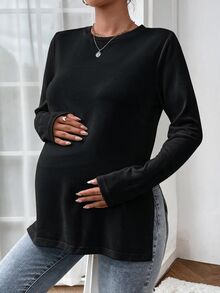 SHEIN 孕婦休閒純色側開衩T恤，適合秋季 - 淺灰色 - 查看 4