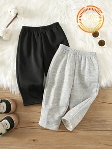 SHEIN 2pcs Baby Boy Solid Color Versatile Comfortable Elastic Waist Long Pants Set, All-Match Long Pants Multi-Pack, Infant Autumn/Winter Fleece Lined Long Pants - Multicolor - View 4