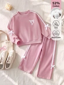 SHEIN 女童2件套，蝴蝶結裝飾，側縫配色條紋裝飾，寬腿褲，可愛簡約休閒風，適合日常休閒、運動、度假 - 粉色 - 查看 4