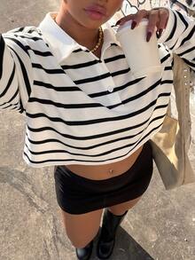Muchica Plus Size Button Half-Placket Embroidered Striped Long Sleeve Sweatshirt - Black and White - View 4