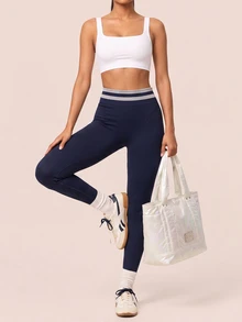 SHEIN BAE Women Navy Blue Stripe Seamless High Waist Leggings Tummy Control Gym Workout Training Running Yoga Athletic Pants - Navy Blue - View 7