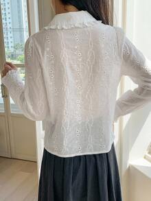 DAZY 女款花卉刺繡圖案休閒日常襯衫 - 白色 - 查看 4