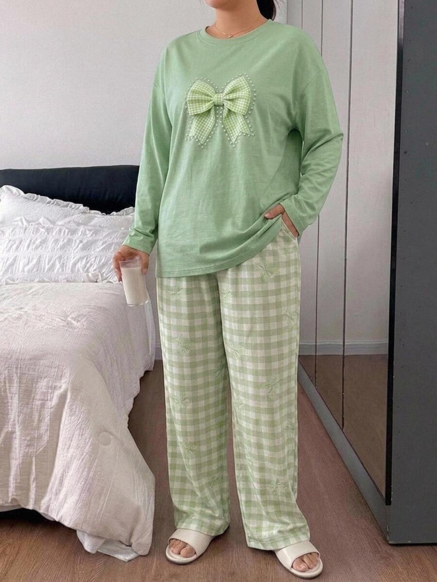 Dazy Plus Plus Size Bow Print Top & Plaid Pants Pajama Set - Mint Green - View 1