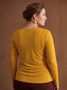 MOTF PREMIUM PLUS SIZE WOMEN'S SPRING/AUTUMN SOLID COLOR ASYMMETRIC TWISTED NECK FITTED T-SHIRT - Yellow - View 5