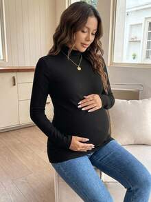 Dazy Maternity Solid Color Slim Fit Elastic Long Sleeve Casual Home Daily Vacation Spring Autumn Top Maternity High Neck Long Sleeve T-Shirt - Black - View 6