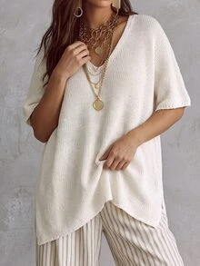 Linhara CURVE Sweater Rajut Longgar Berbentuk V-Neck Lengan Pendek Ukuran Plus untuk Musim Dingin - Putih - View 5