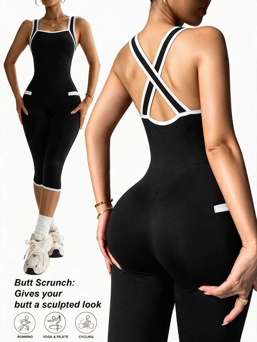 Slayform Slayform Women's Back Cross Design Sleeveless Sports Sporty Sexy 7/8 Length Jumpsuit Gym Workout Black And White Running Fitness Outfits Autumn Pilates - Black and White - View 1