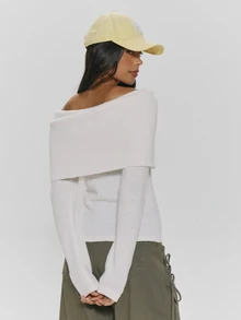 MUSERA White Knit Lightweigt Foldover Bardot Long Sleeve Top Autumn Winter Fall Daily Everyday Essential Core Knitwear - White - View 5