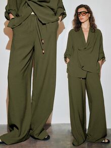 MOTF PREMIUM URBAN LOW WAIST ELASTIC WAIST DRAWSTRING DECOR WIDE LEG LONG PANTS SPRING SUMMER - Olive Green - View 1