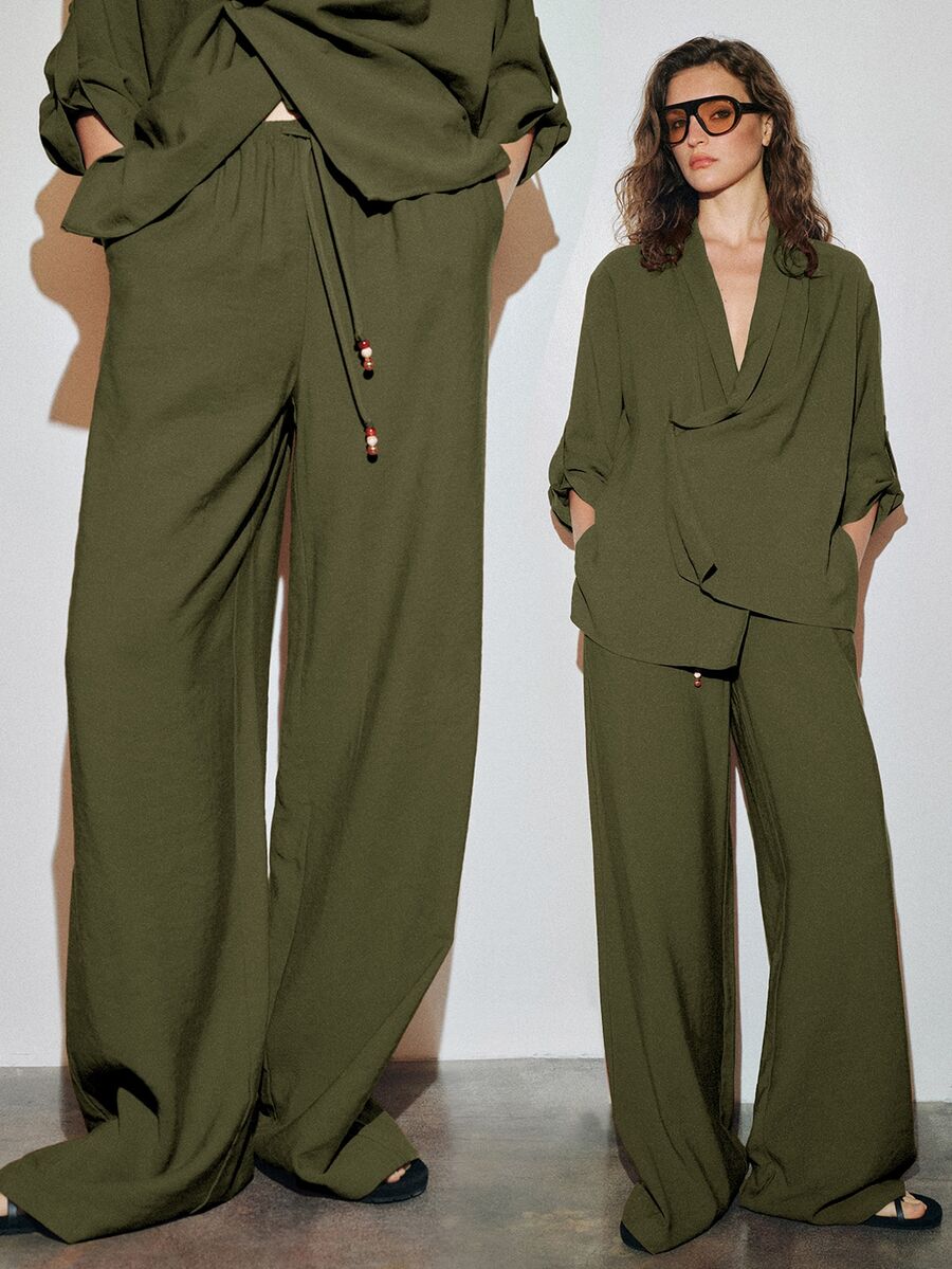 MOTF PREMIUM URBAN LOW WAIST ELASTIC WAIST DRAWSTRING DECOR WIDE LEG LONG PANTS SPRING SUMMER - Olive Green - View 1