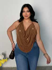 Firerie Plus Size Women's Fashion Versatile Daily Wear Halter Neck Top - Khaki - View 8
