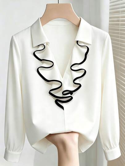 SHEIN Franclia Early Autumn New Contrast Black Stripe Ruffle Collar White Blouse For Women, Drapey Satin Long Sleeve Top, Minimalist Commuter Style, Loose Fit, Flattering, French Elegant, Versatile For Daily Wear And Office