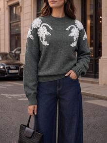 Velvienne Women's Autumn/Winter New Plus Size Crew Neck Embroidered Unique Design French Lazy Style Casual Versatile Date Commute Fitted Long Sleeve Knit Pullover Sweater - Grey - View 3