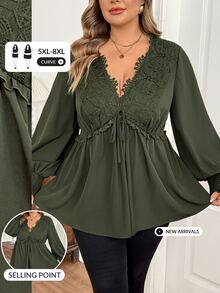 SHEIN CURVE+ Plus Size Women's Contrast Color Lace Deep V-Neck Tie Front Ruffle Sleeve Sexy Blouse, Autumn Long Sleeve Top Fall - Green - View 1