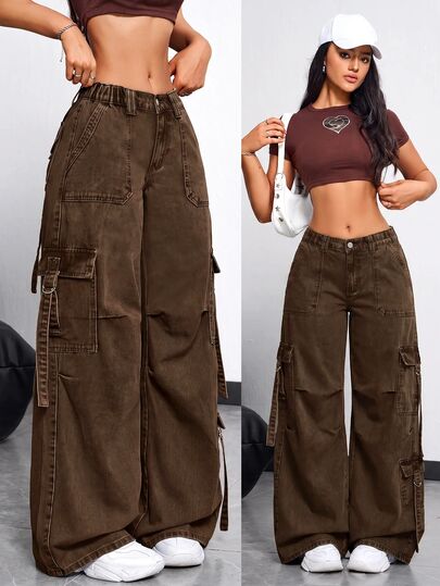SHEIN EZwear Women's Cargo Pocket Wide Leg Loose Casual Denim Jeans
